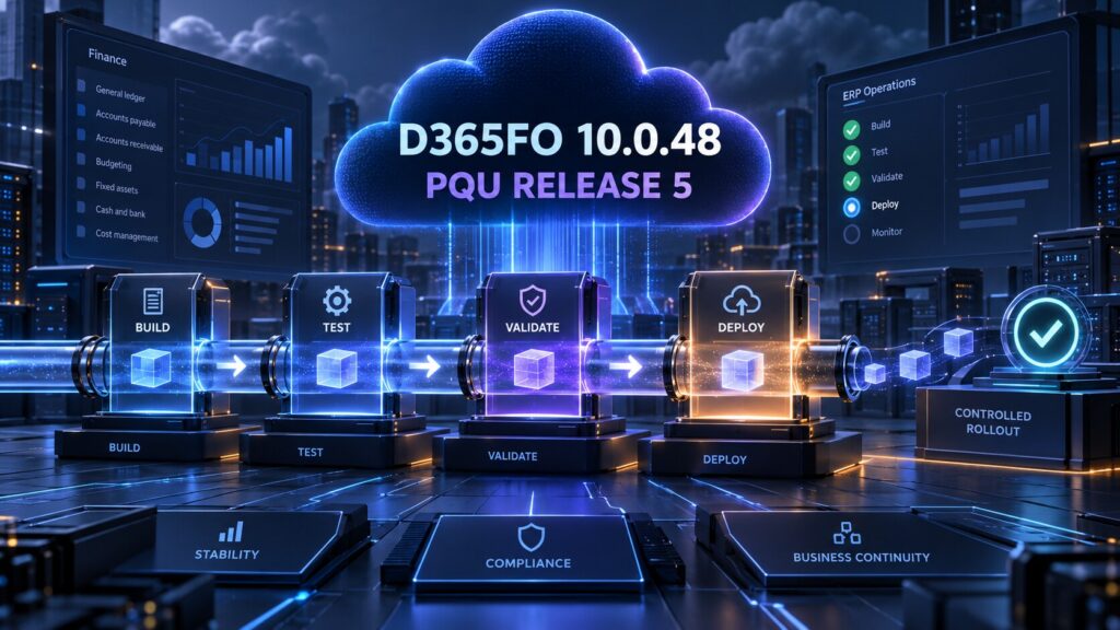 Actualización preventiva D365FO 10.0.48 PQU Release-5 con etapas de compilación, prueba, validación y despliegue